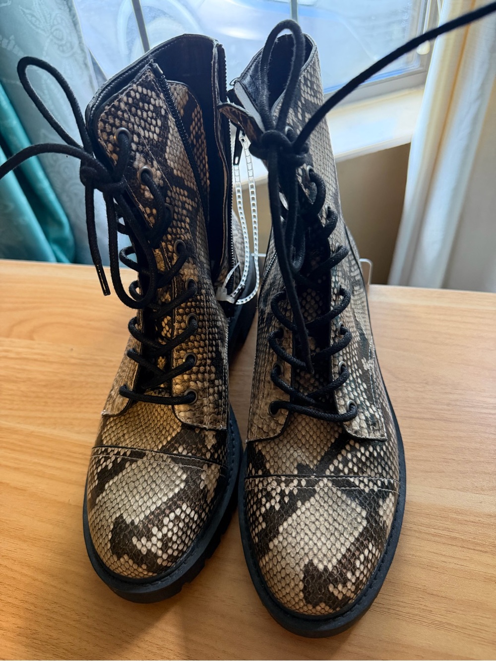 Chelsea & Violet Snakeskin Combat Boots Leather Lace Up Side Zip Lug Sole New
